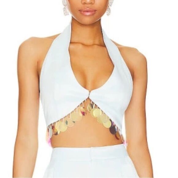 LPA Tops - LPA Revolve Eleonora Sequin Halter Top ice blue with Gold Accents XS
